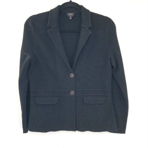 TALBOTS Sweater Blazer Pure Merino Wool Black Knit Button Jacket Layer MP Petite - Picture 1 of 7